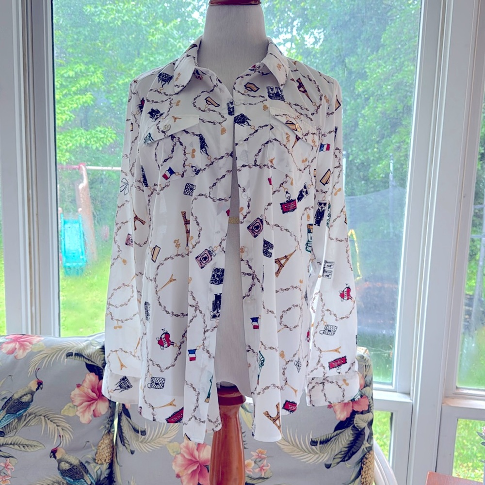 KARL LAGERFELD Paris White Eiffel Tower Long Sleeves Button Down Shirts Size L